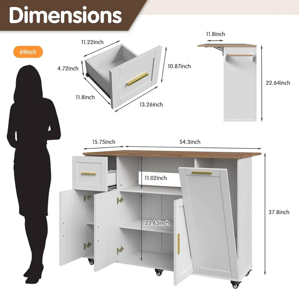 59inch Kitchen Storage Island with Drop Leaf,Rolling Mobile Island Cart on Wheels with Cabinets,Trash Bin Storage and Drawer,Ext