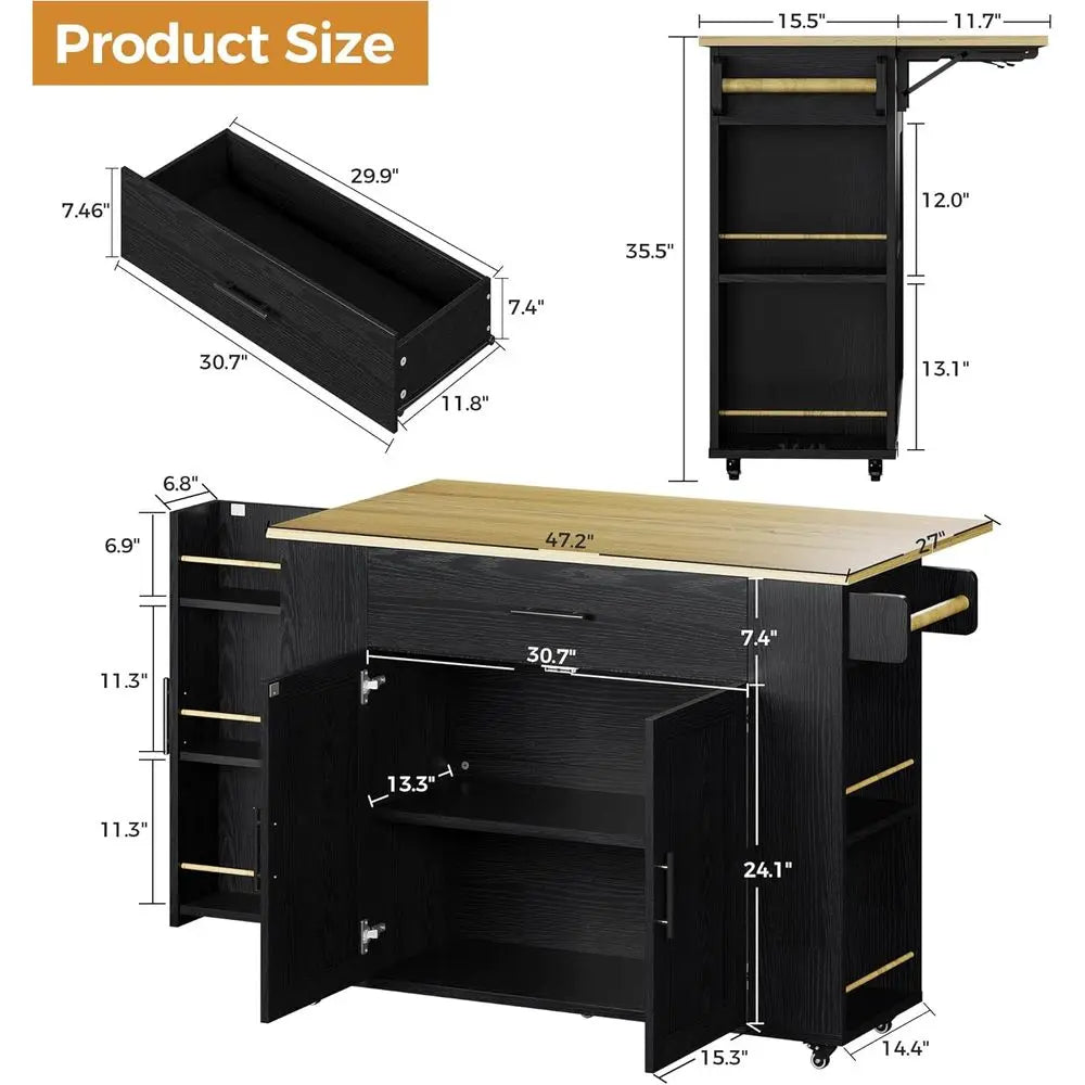 Kitchen Island with Storage, 47.2in Rolling Island on Wheels, Kitchen Cart with Drop Leaf, Drawer and Towel Rack for Home, Dinin