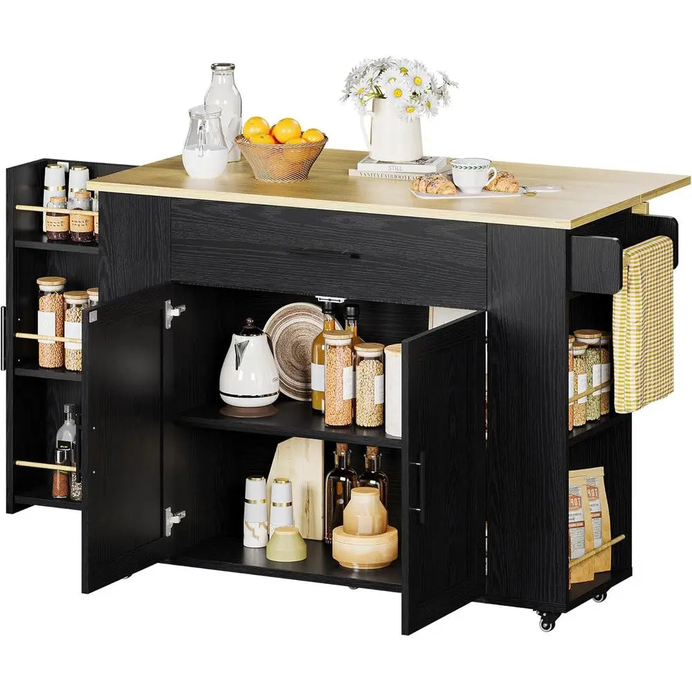 Kitchen Island with Storage, 47.2in Rolling Island on Wheels, Kitchen Cart with Drop Leaf, Drawer and Towel Rack for Home, Dinin