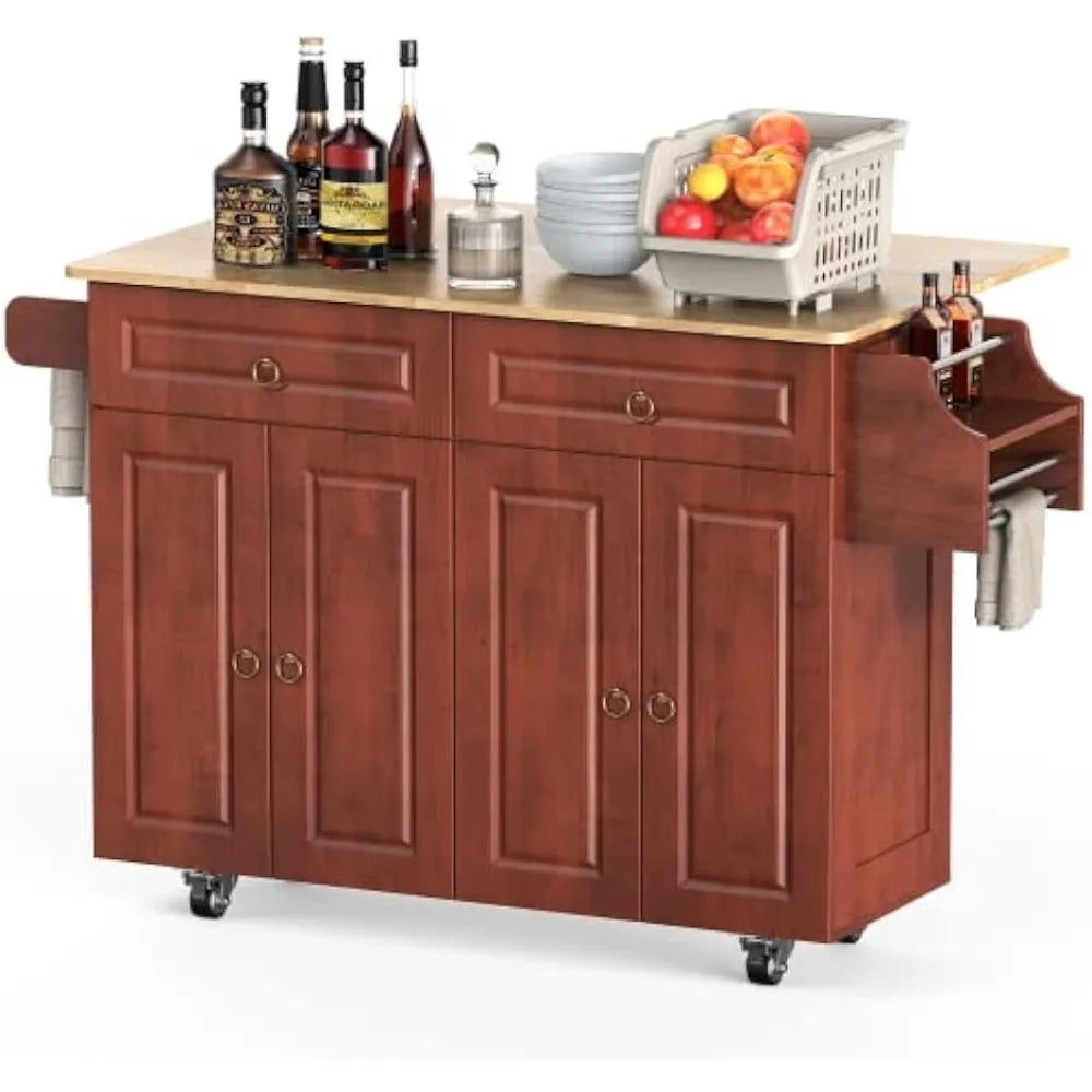 Kitchen Island with Folding Countertop, Wooden Kitchen Island Cart with Lockable Wheels, Large Storage Cabinet, Brown