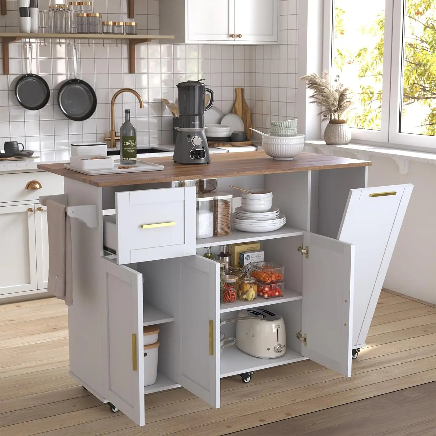 59inch Kitchen Storage Island with Drop Leaf,Rolling Mobile Island Cart on Wheels with Cabinets,Trash Bin Storage and Drawer,Ext
