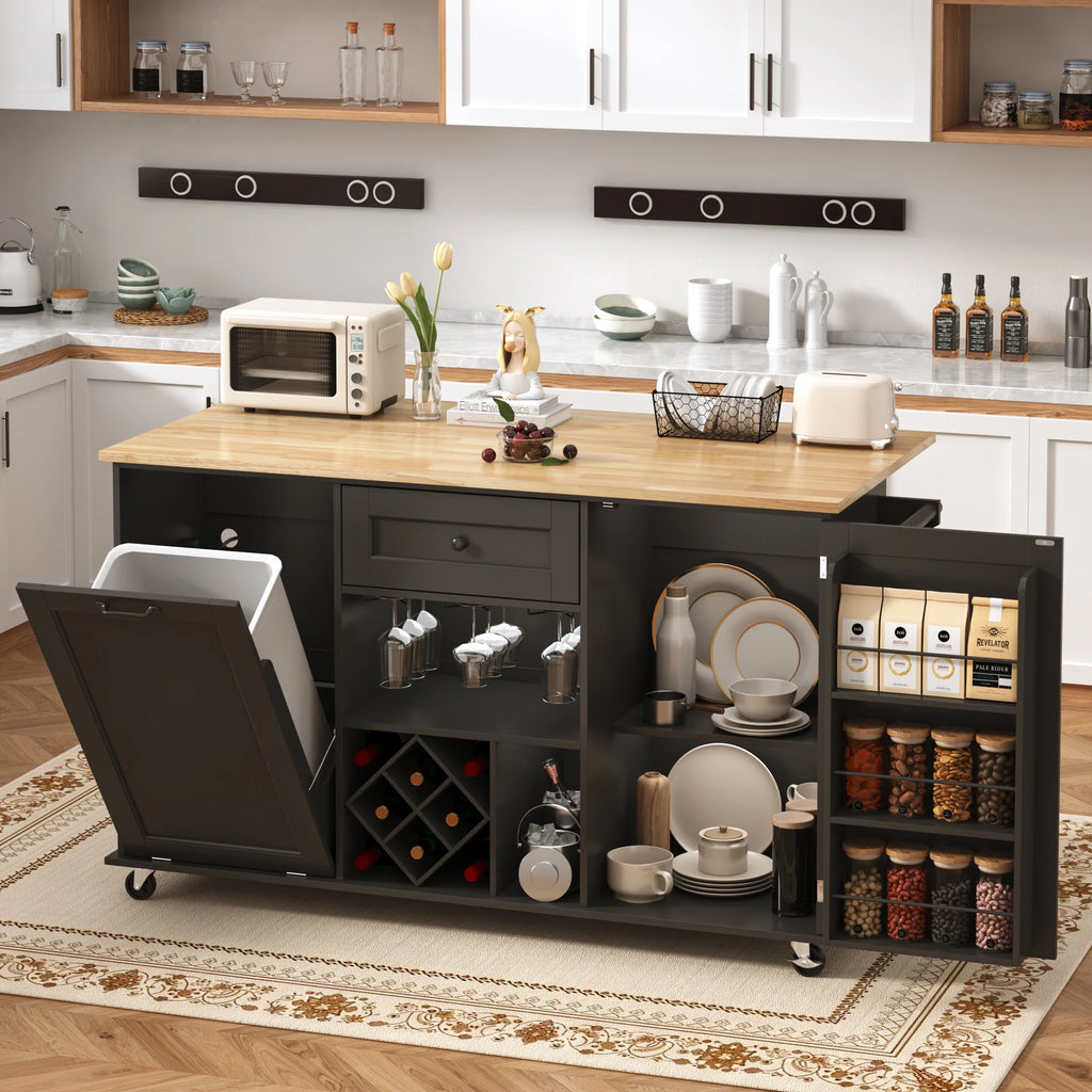 59" Kitchen Island On Wheels, Rolling Kitchen Island Cart with Drop Leaf Countertop, Portable Mobile Kitchen Island