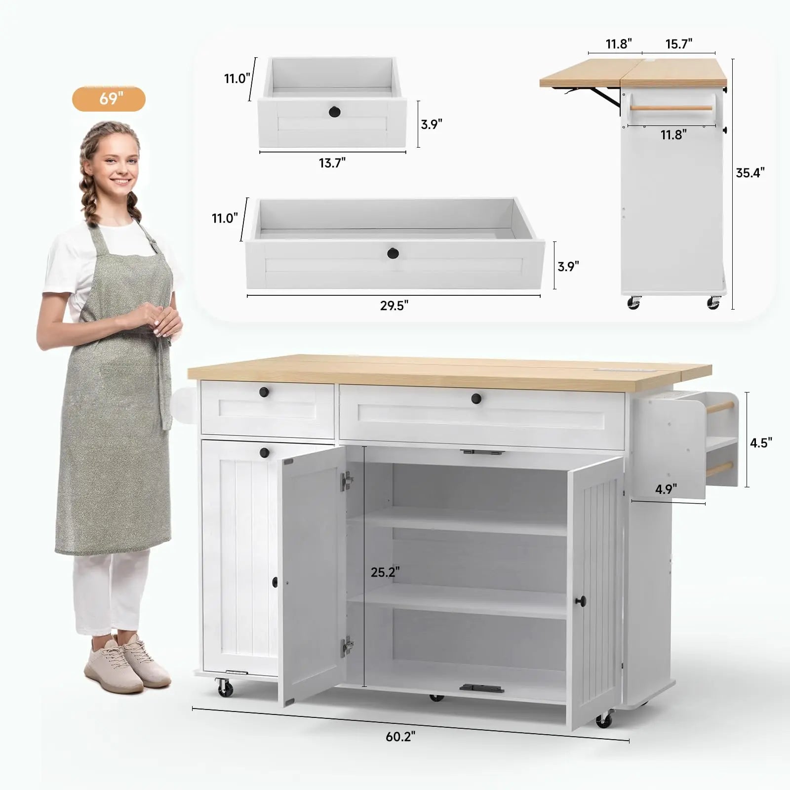 60" Mobile Kitchen Islands Rolling Trolleys Kitchen Island Table Drop Leaf Home Carts with Power Outlet Spice Towel Rack Trash