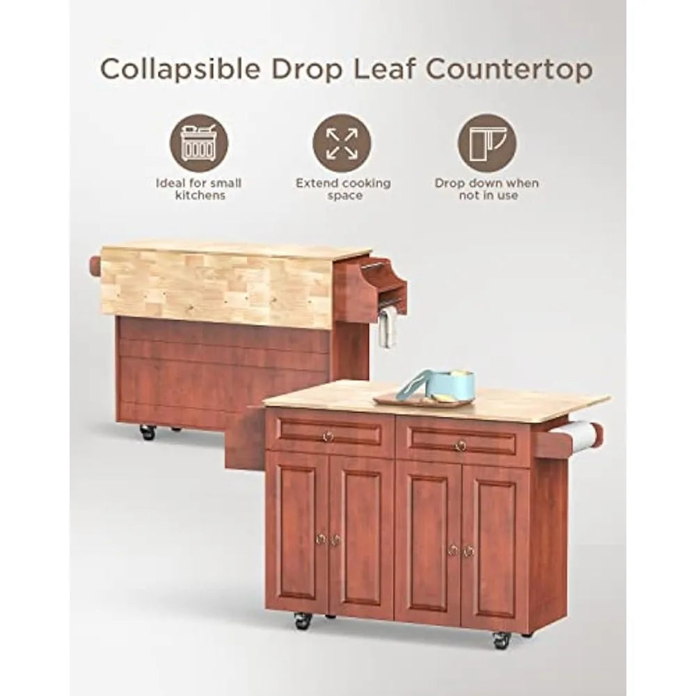 Kitchen Island with Folding Countertop, Wooden Kitchen Island Cart with Lockable Wheels, Large Storage Cabinet, Brown