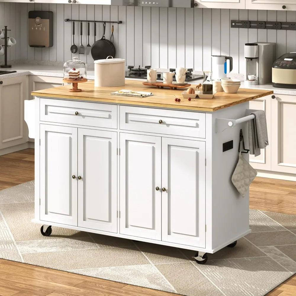 59 W Rolling Kitchen Island with Drop Leaf – Movable Kitchen Carts on Wheels Island with Storage Cabinet, Island Table