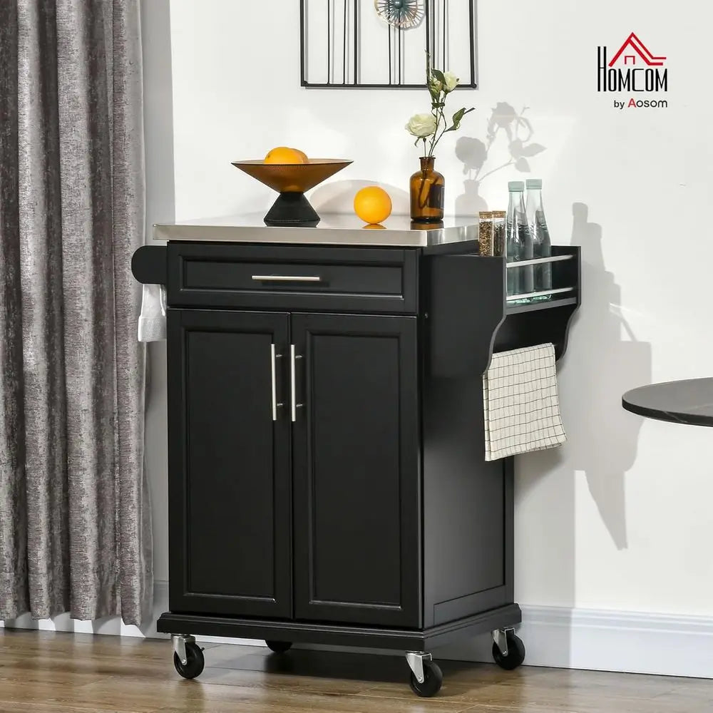 Kitchen Island on Wheels, Rolling Kitchen Cart with Stainless Steel Countertop, Drawer, Towel Rack and Spice Rack, Utility Stora
