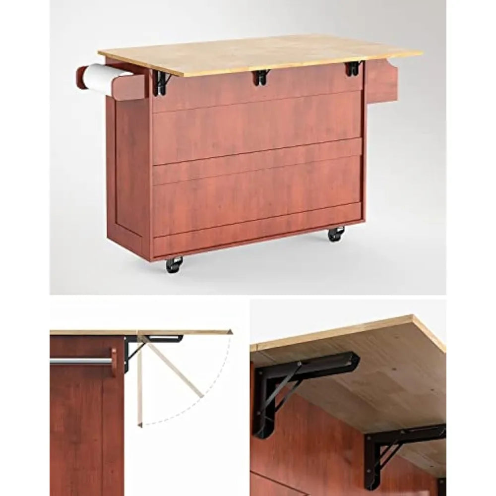 Kitchen Island with Folding Countertop, Wooden Kitchen Island Cart with Lockable Wheels, Large Storage Cabinet, Brown