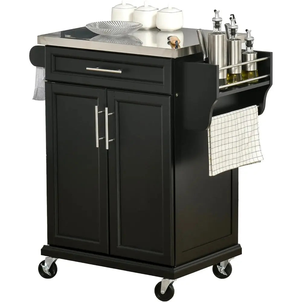 Kitchen Island on Wheels, Rolling Kitchen Cart with Stainless Steel Countertop, Drawer, Towel Rack and Spice Rack, Utility Stora