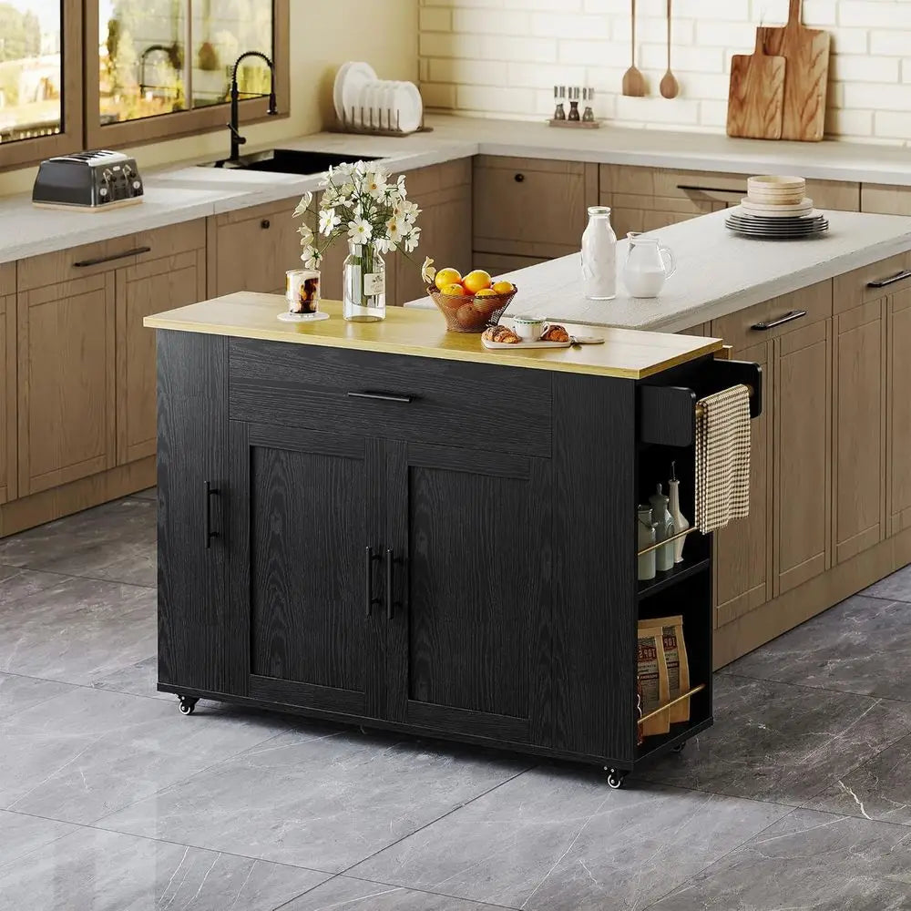 Kitchen Island with Storage, 47.2in Rolling Island on Wheels, Kitchen Cart with Drop Leaf, Drawer and Towel Rack for Home, Dinin