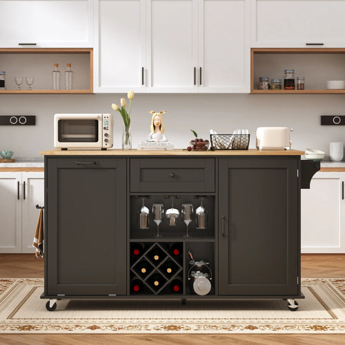 59" Kitchen Island On Wheels, Rolling Kitchen Island Cart with Drop Leaf Countertop, Portable Mobile Kitchen Island